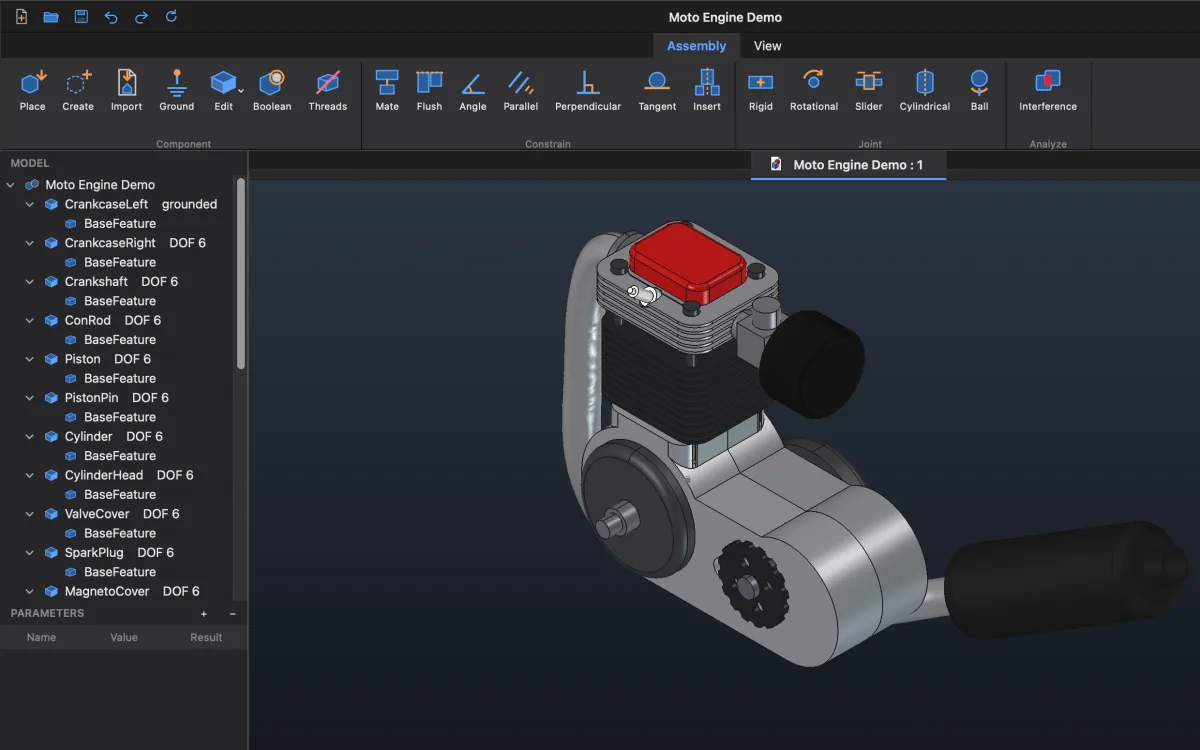 The Moto Engine Demo assembly in ProstoCAD: 23 parts, each with its degrees of freedom