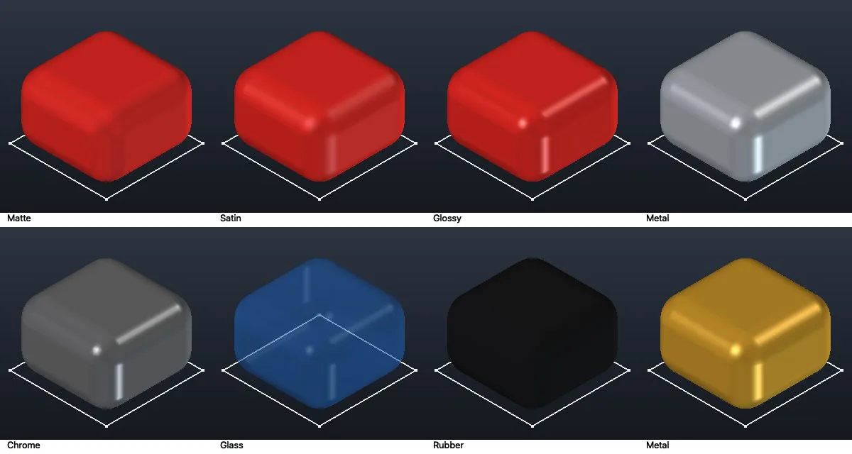 Finishes: Matte, Satin, Glossy, Metal, Chrome, Glass, Rubber