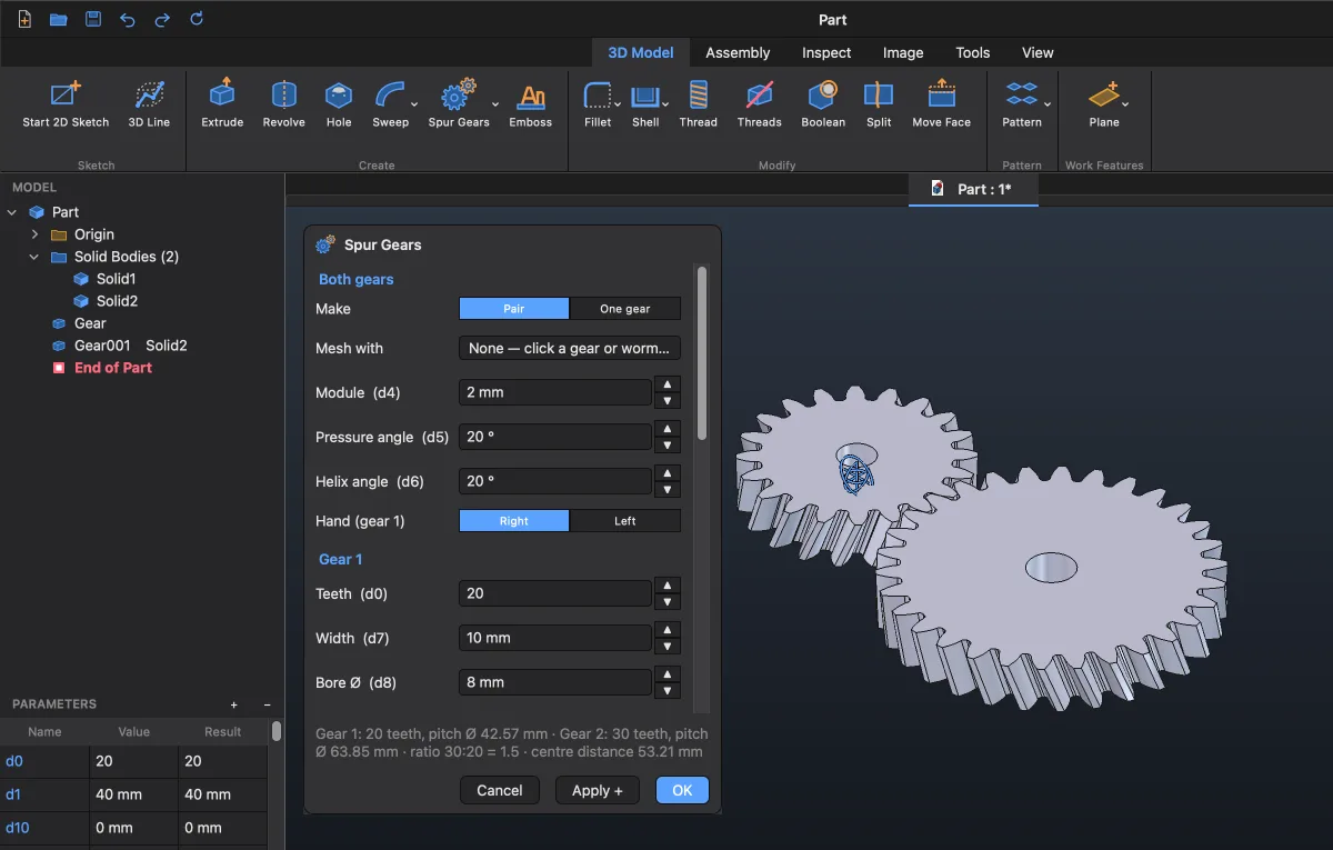 The Spur Gears dialog and a helical pair in mesh