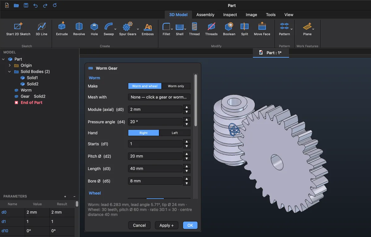 The Worm Gear dialog with the worm and its wheel