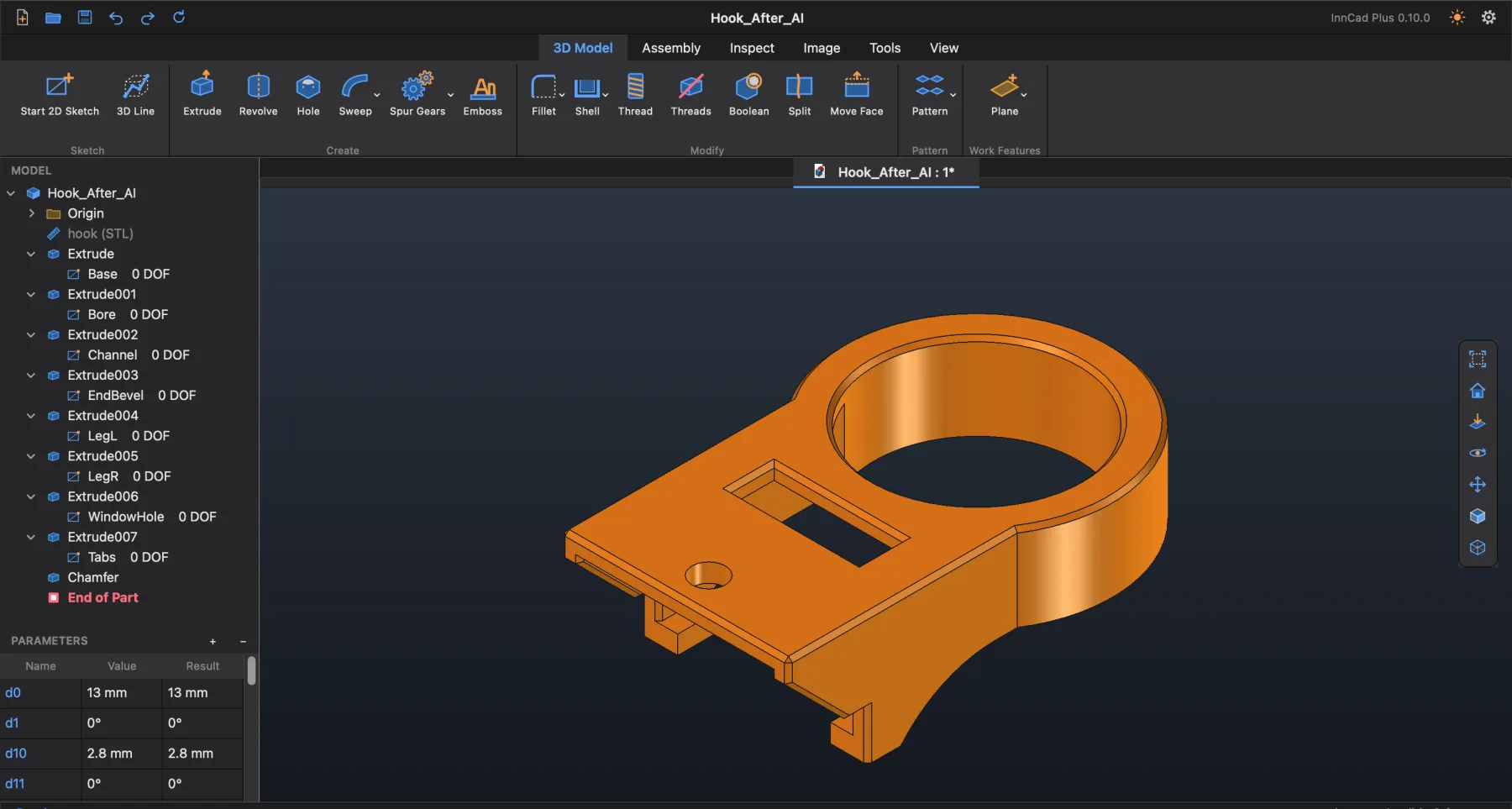 The ProstoCAD window: ribbon, Model Browser, Parameters and a part