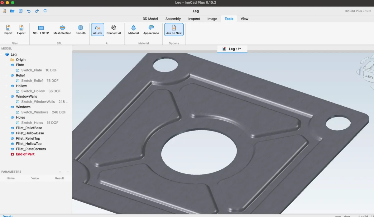 The base plate in ProstoCAD from below, its features in the Model Browser
