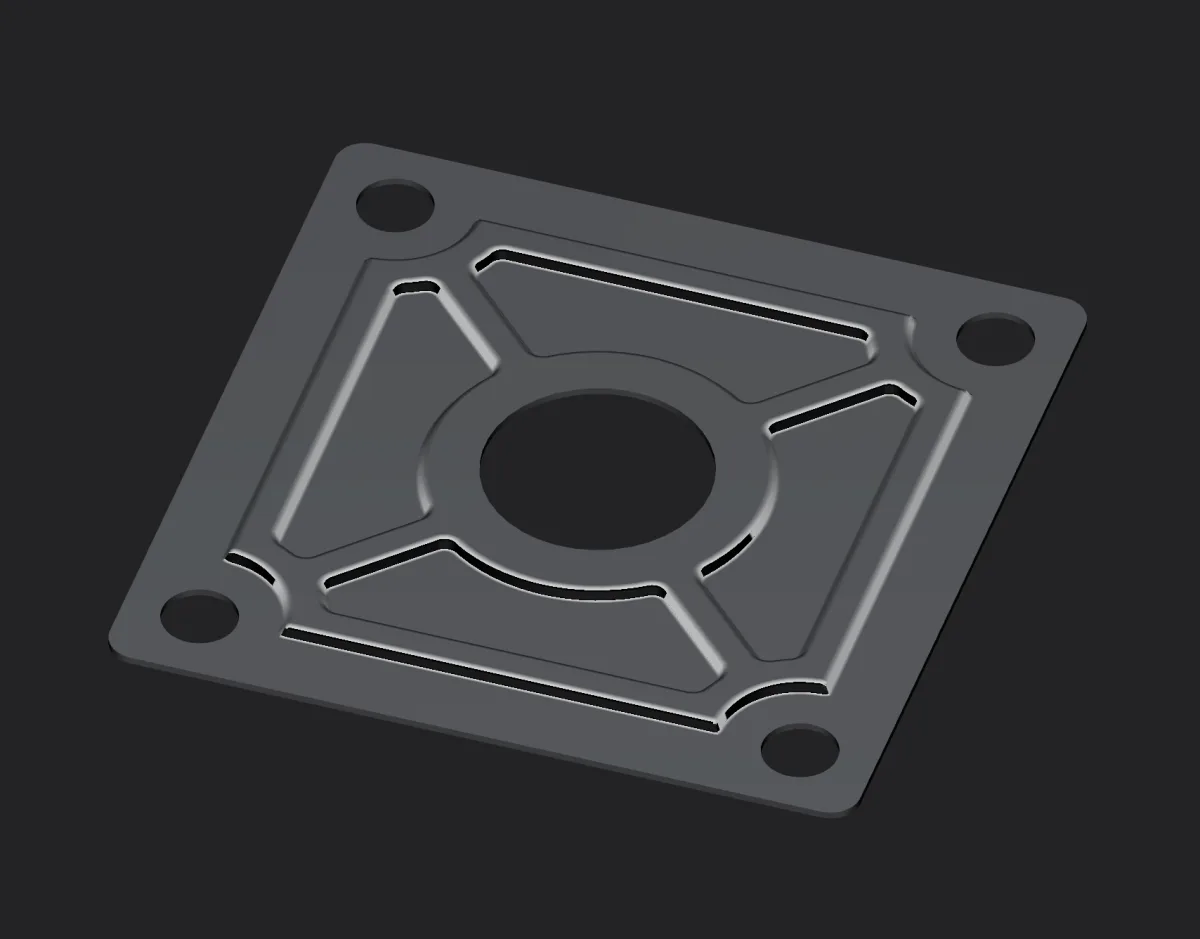 After: the base plate built by AI from the photo, its STEP in Plasticity