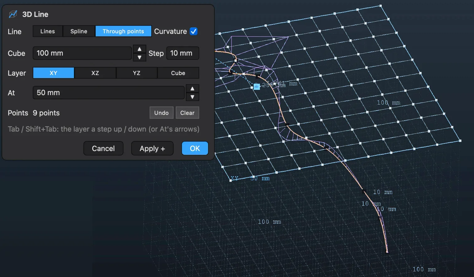 A 3D line through points on different layers of the virtual cube
