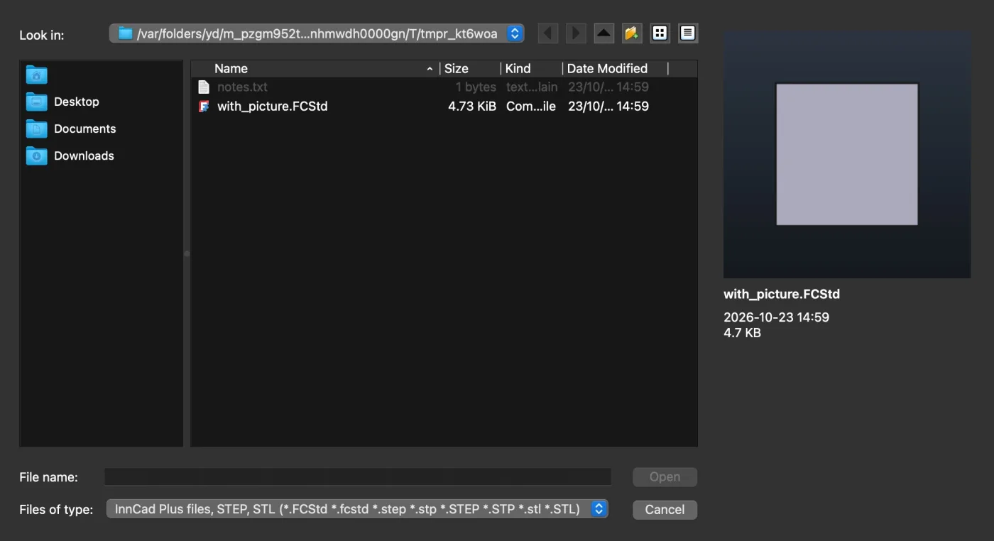 The Open window with file previews