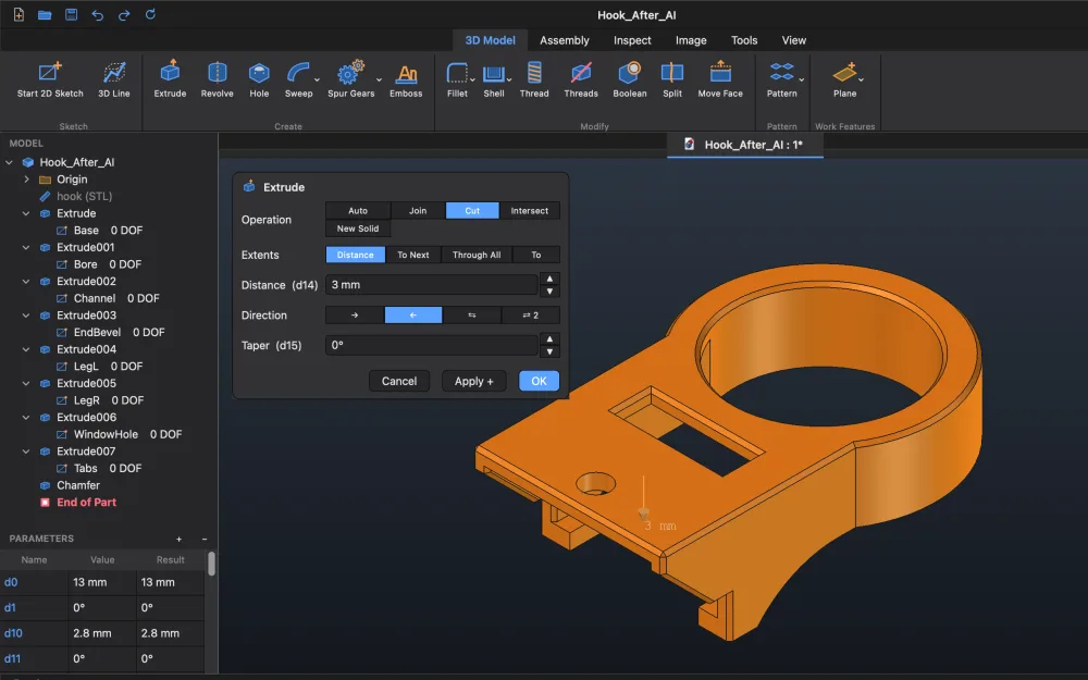 The Extrude dialog with its preview on the part