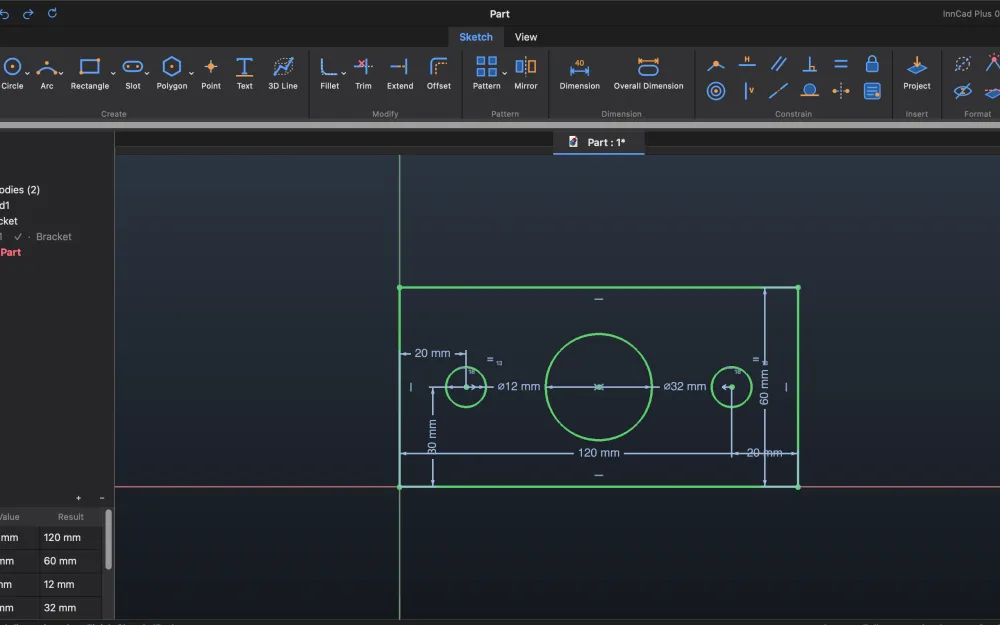 A fully constrained sketch with dimensions
