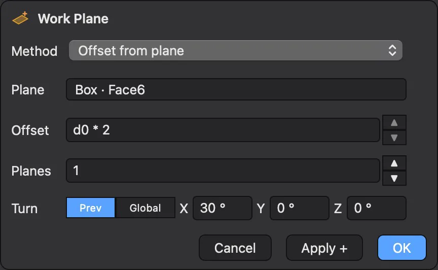 The Work Plane dialog with Planes and Turn